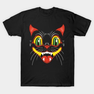 Vintage Style Retro Halloween Smiling Black Cat Face T-Shirt